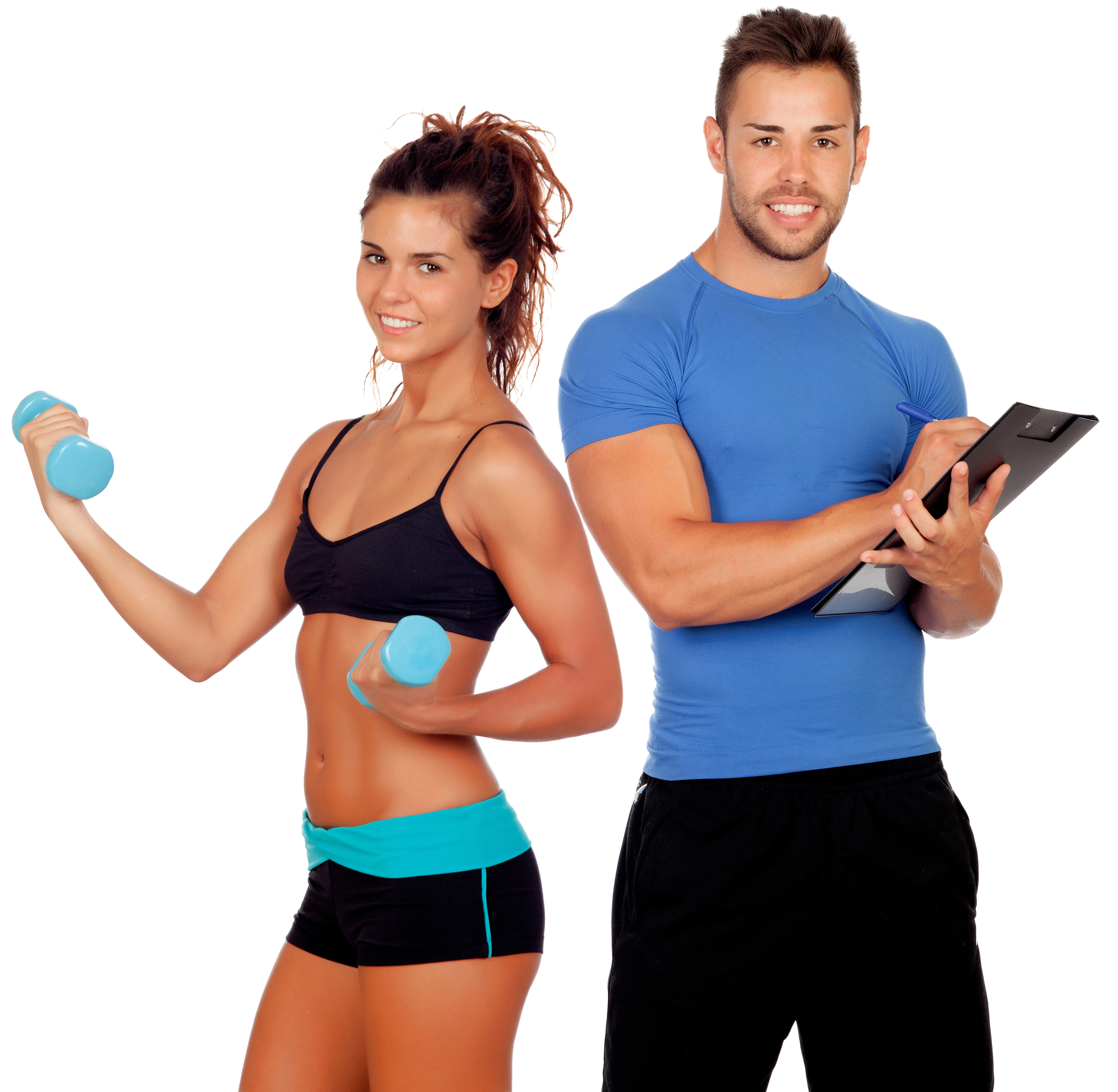 Handsome personal trainer with beautiful girl with dumbbells