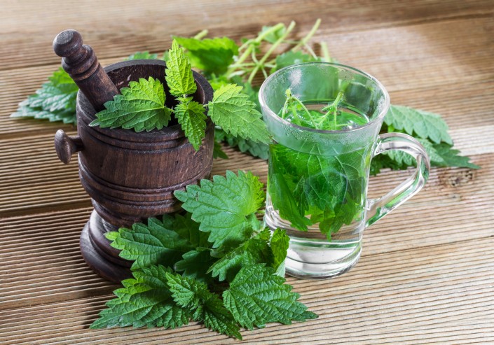 Tea with fresh nettles on a wooden background