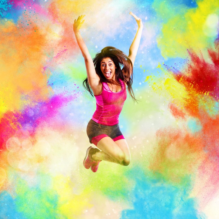 Fitness teacher jumps on summer colors