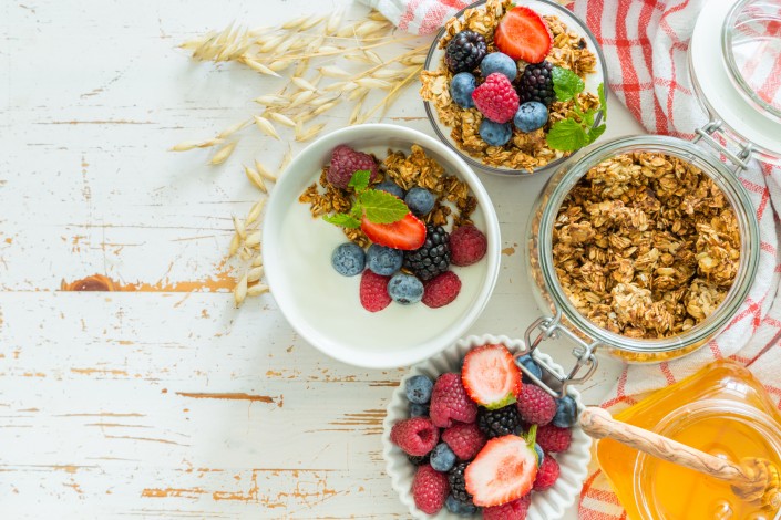 Breakfast with fresh fruits and berries