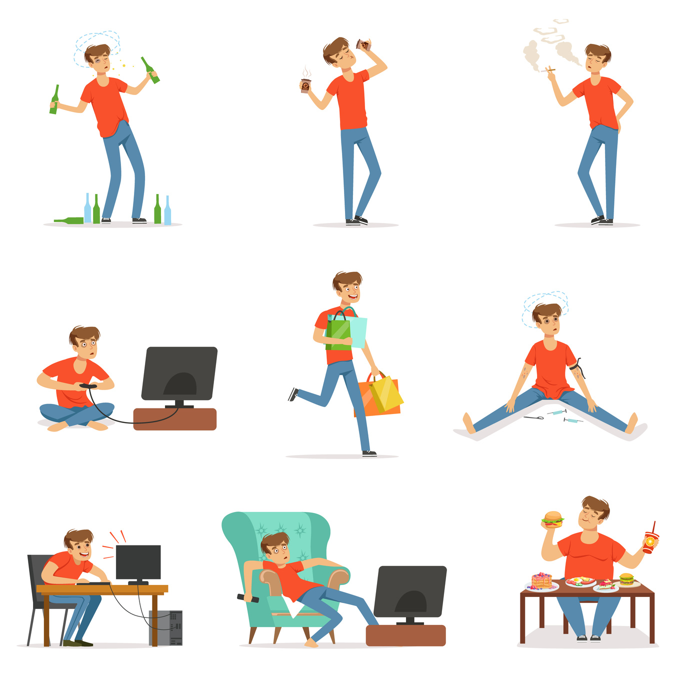 Bad habits set, alcoholism, drug addiction, smoking, dependence of computer and video games, shopping, gluttony with obesity vector Illustrations