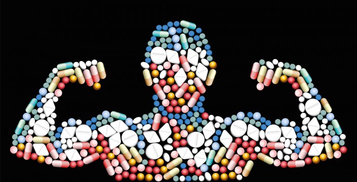 Sports doping, anabolic drugs, pills and capsules – shape of a male muscular upper body – symbol for medical drug abuse. Isolated vector illustration on black background.