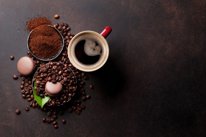 Coffee cup, beans, chocolate