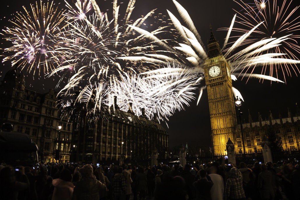New Year's Eve Fireworks over Big Ben at Midnight, Crowds Present