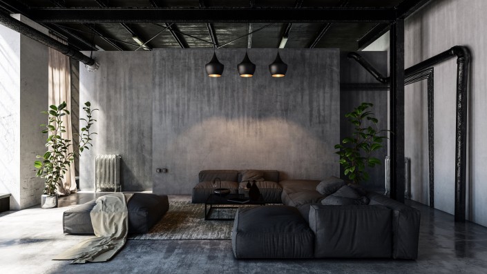 Living room with sofas in loft style flat