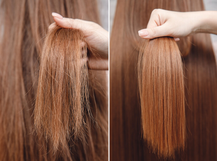 Sick, cut and healthy hair care keratin. Before and after treatment