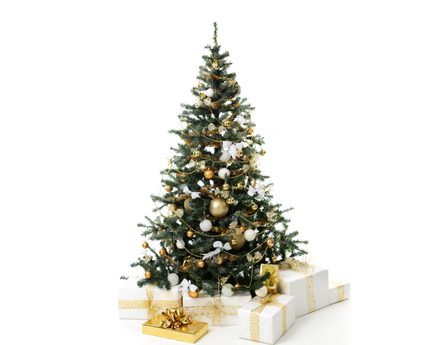 Christmas tree decorated with gold patchwork ornament artificial star hearts presents for new year 2019 isolated on white